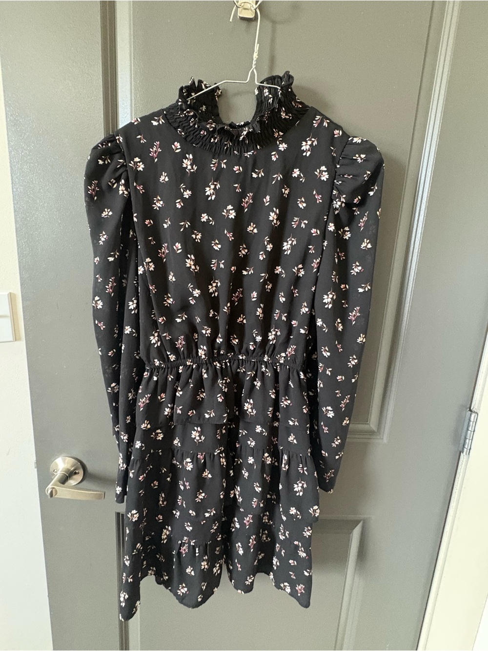 Aqua Black Floral Smocked Neck Mini Dress